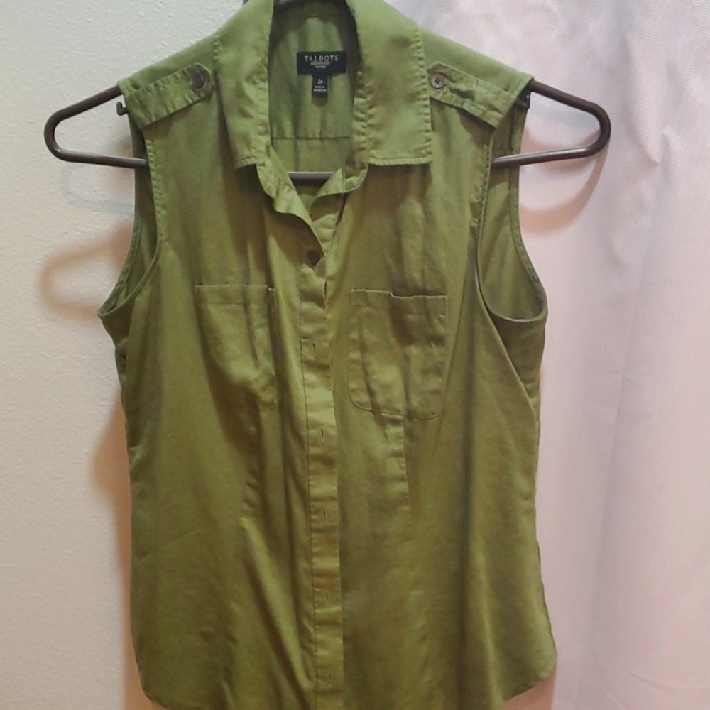 Talbot's olive green button up, sleeveless, oxford